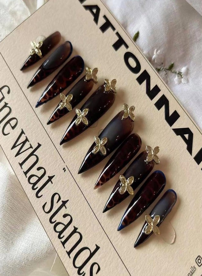 MISUD Press on Nails - Long Stiletto Fake Nails with Brown Tortoise, Acrylic Gold Charms Design 24 pcs - Image 4